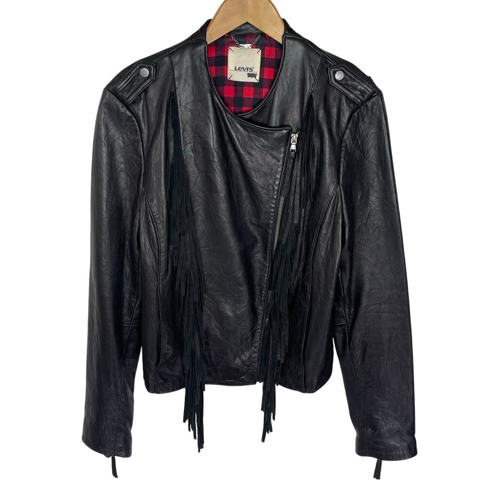 LEVI’s Women’s Black Leather Fringed Zip Front Moto Jacket